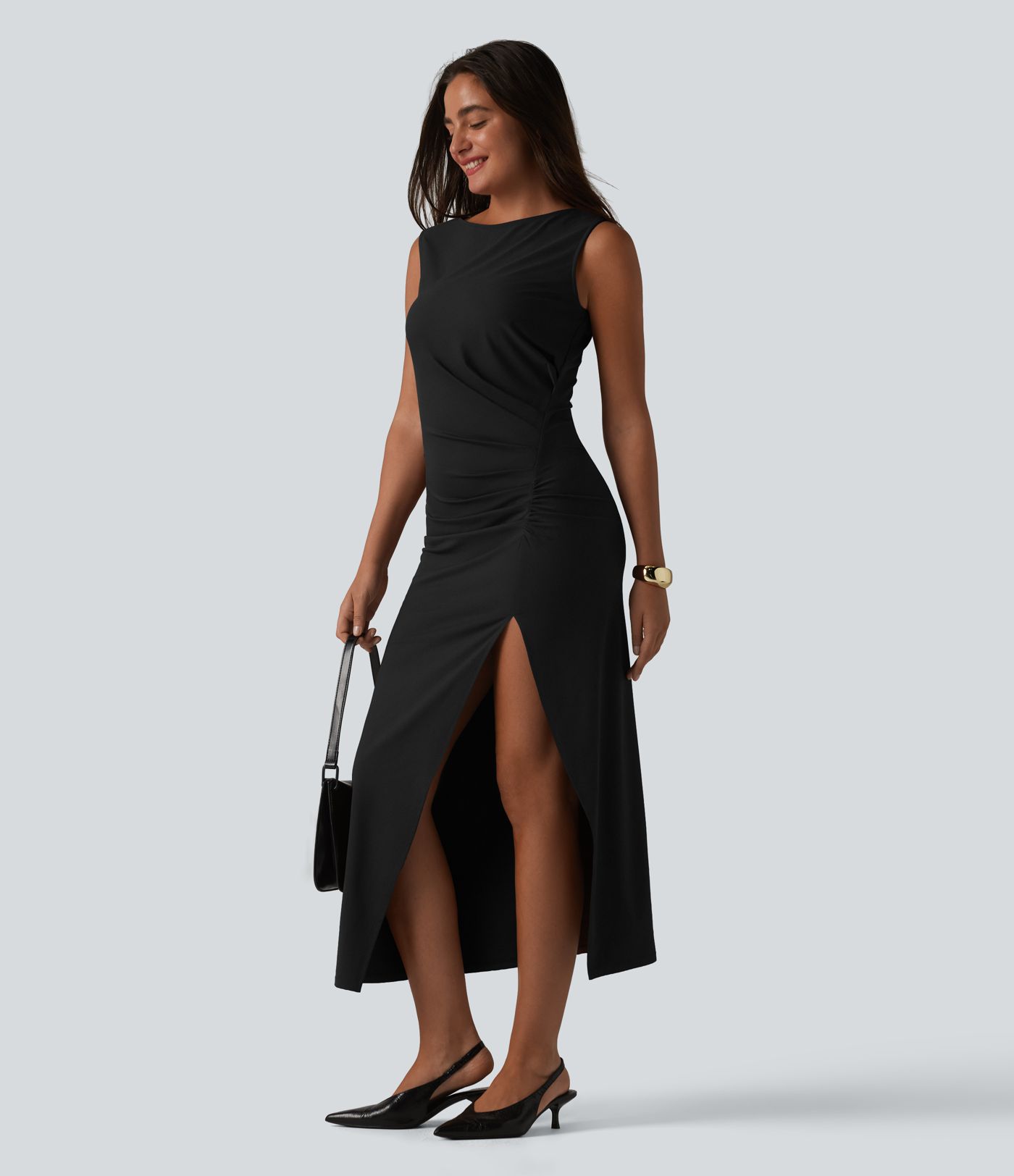 Boat Neck Sleeveless Ruched Midi Casual Dress