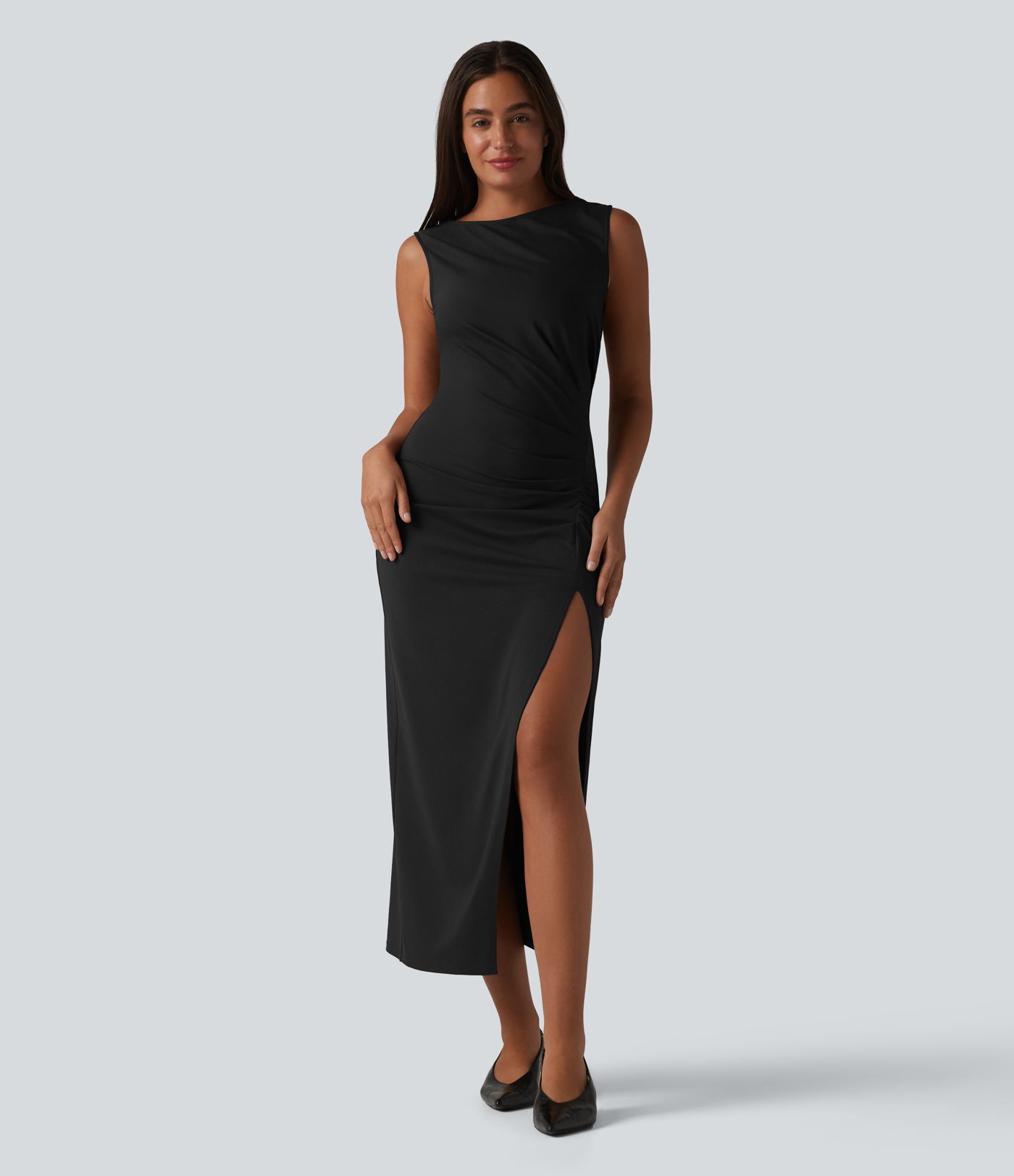 Boat Neck Sleeveless Ruched Midi Casual Dress