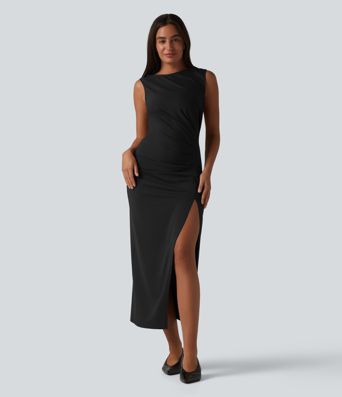 Boat Neck Sleeveless Ruched Midi Casual Dress