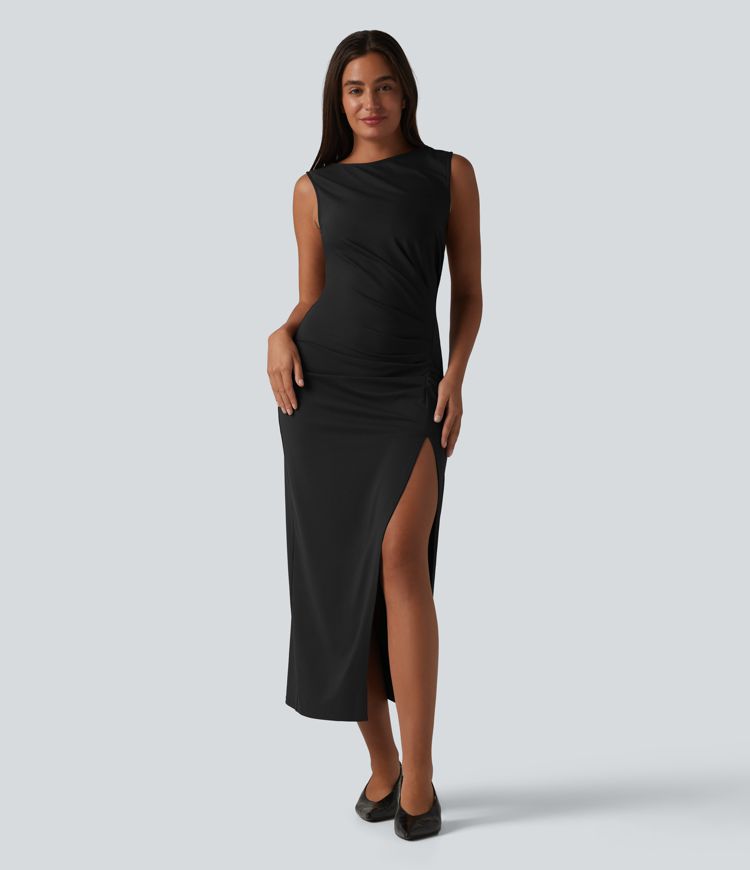 Boat Neck Sleeveless Ruched Midi Casual Dress