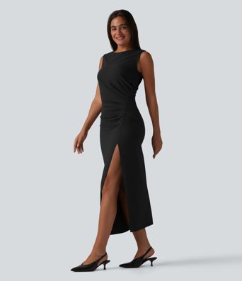 Boat Neck Sleeveless Ruched Midi Casual Dress