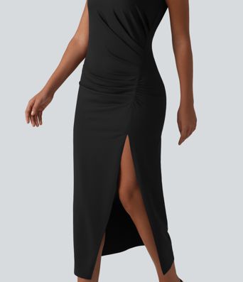 Boat Neck Sleeveless Ruched Midi Casual Dress