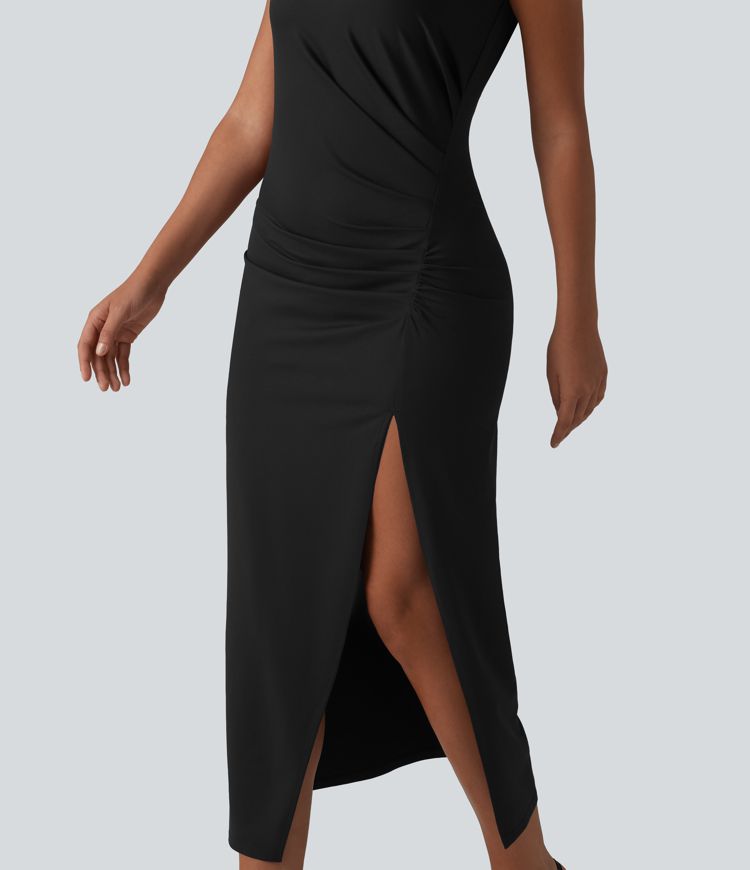 Boat Neck Sleeveless Ruched Midi Casual Dress