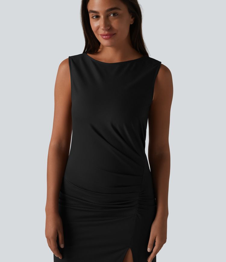 Boat Neck Sleeveless Ruched Midi Casual Dress