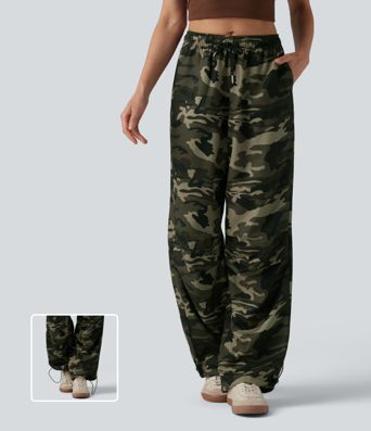 Casual wide-leg camouflage cargo pants with mid-rise waist, drawstring, and pockets