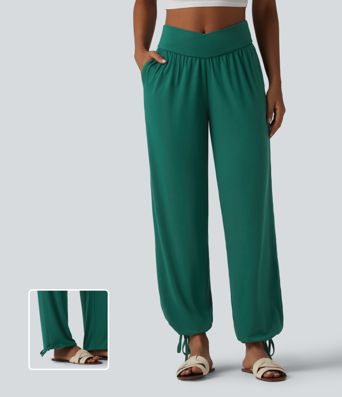 Jogging décontracté uni taille haute croisée avec cordon de serrage et poches Jogging décontracté uni taille haute croisée avec cordon de serrage et poches