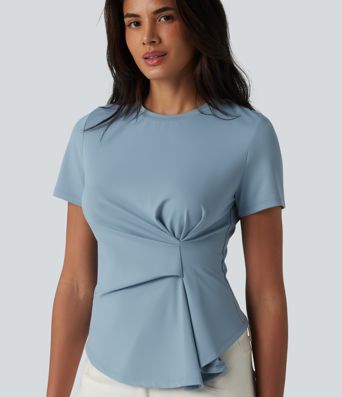 Round Neck Short Sleeve Ruched Asymmetric Hem Casual T-Shirt