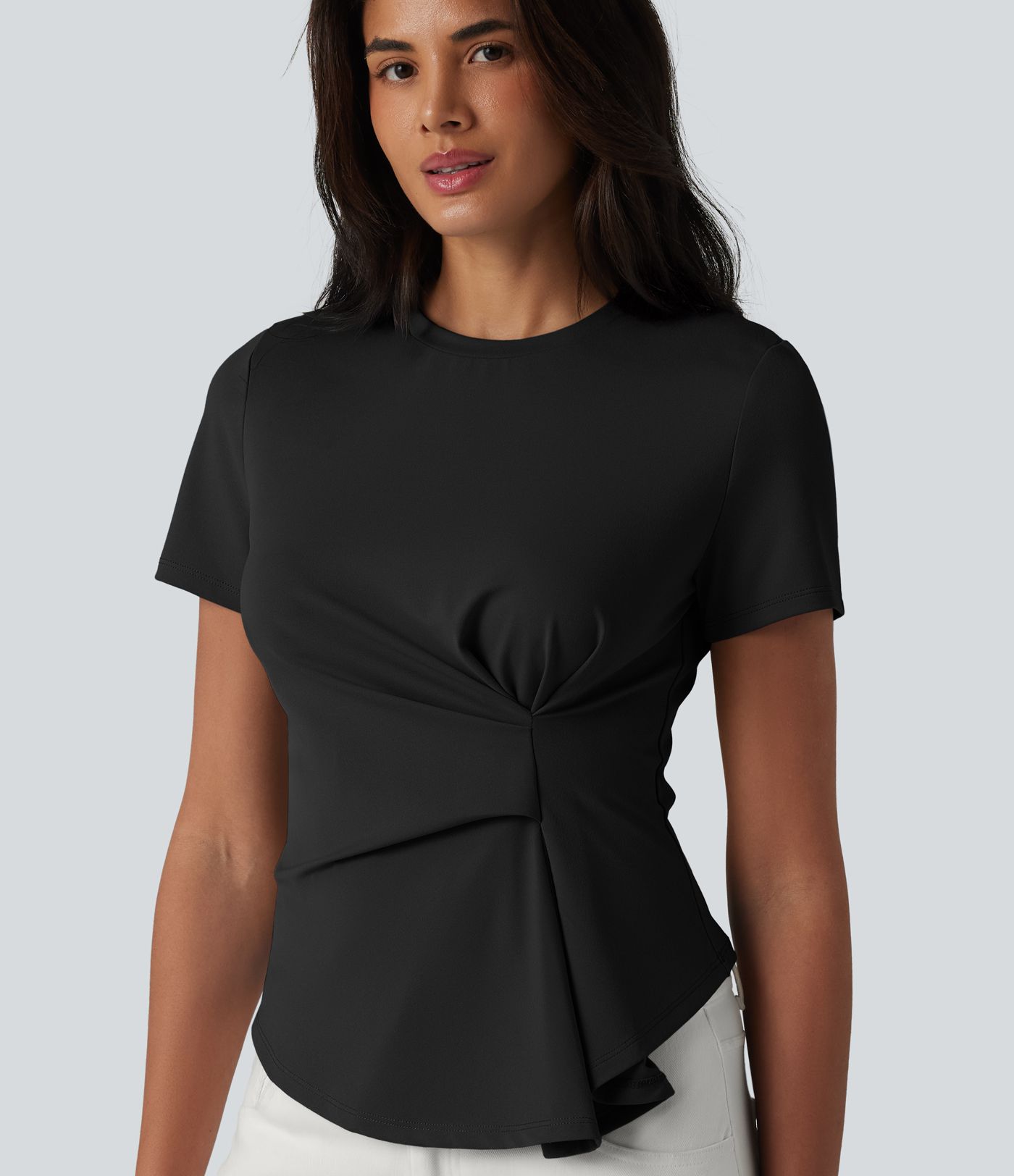 Round Neck Short Sleeve Ruched Asymmetric Hem Casual T-Shirt