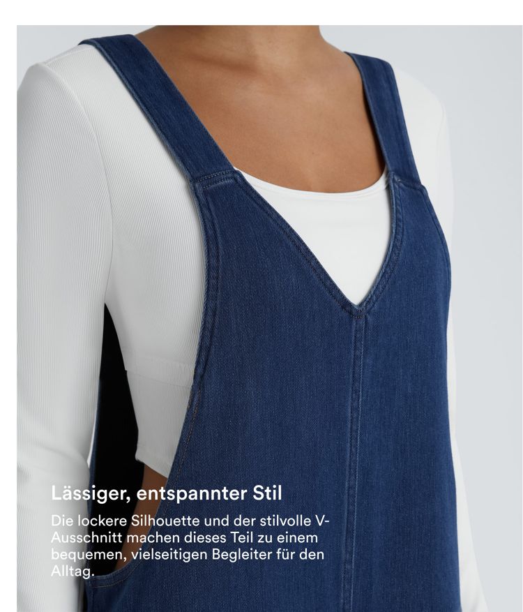 Halara Flex™ verwaschene, lässige Latzhose aus elastischem Strick-Denim mit V-Ausschnitt und Seitentaschen