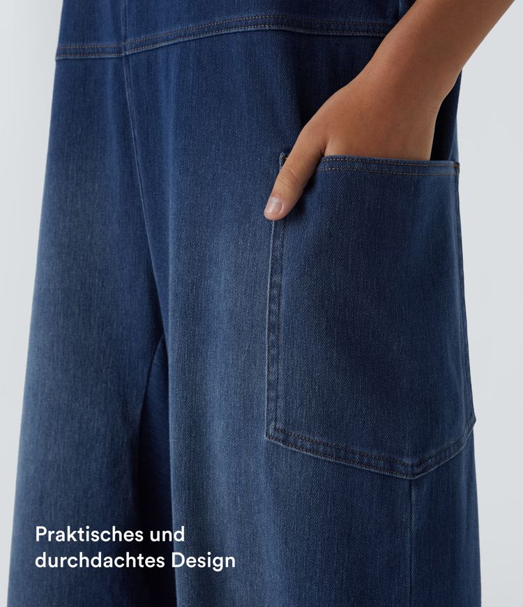 Halara Flex™ verwaschene, lässige Latzhose aus elastischem Strick-Denim mit V-Ausschnitt und Seitentaschen