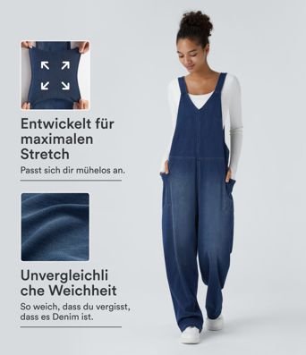 Halara Flex™ verwaschene, lässige Latzhose aus elastischem Strick-Denim mit V-Ausschnitt und Seitentaschen