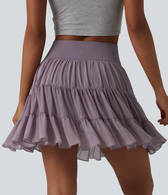 High Waisted Crossover Flowy 2-in-1 Mini Tennis Skirt with Pockets-Longer Length