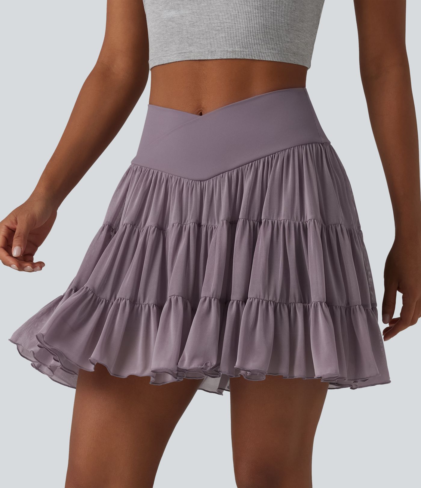High Waisted Crossover Flowy 2-in-1 Mini Tennis Skirt with Pockets-Longer Length