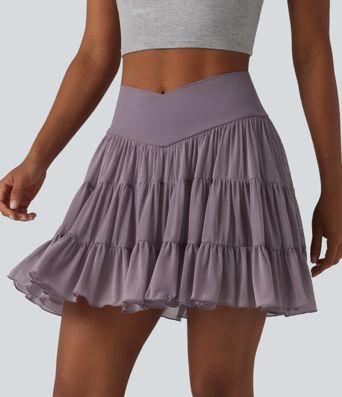 High Waisted Crossover Flowy 2-in-1 Mini Tennis Skirt with Pockets-Longer Length