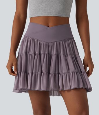High Waisted Crossover Flowy 2-in-1 Mini Tennis Skirt with Pockets-Longer Length