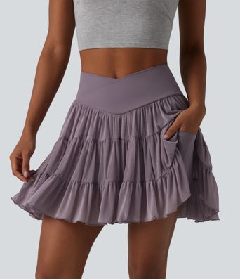 High Waisted Crossover Flowy 2-in-1 Mini Tennis Skirt with Pockets-Longer Length