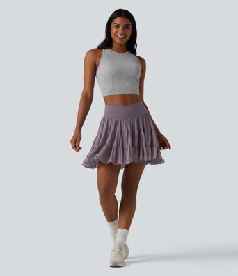 High Waisted Crossover Flowy 2-in-1 Mini Tennis Skirt with Pockets-Longer Length