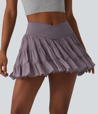 High Waisted Crossover Flowy 2-in-1 Mini Tennis Skirt with Pockets-Shorter Length