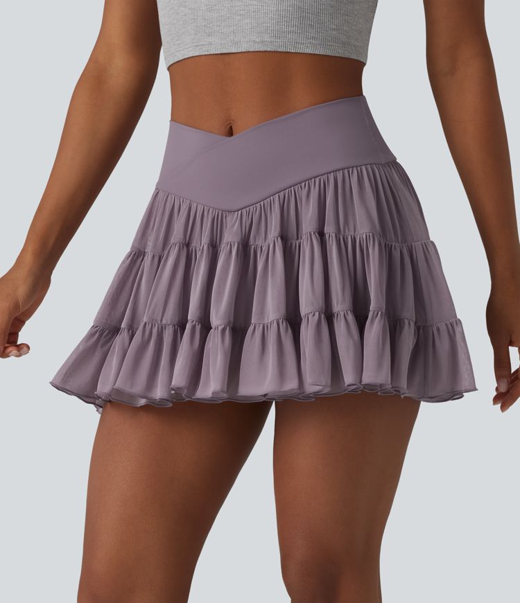 High Waisted Crossover Flowy 2-in-1 Mini Tennis Skirt with Pockets-Shorter Length