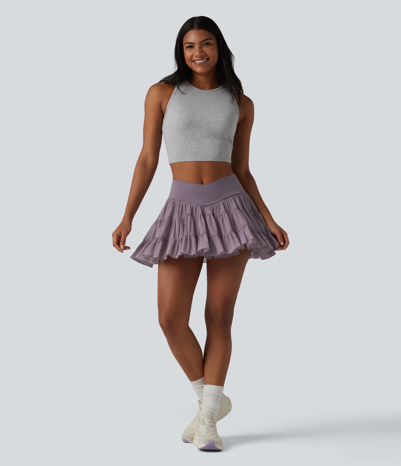 High Waisted Crossover Flowy 2-in-1 Mini Tennis Skirt with Pockets-Shorter Length