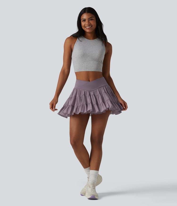 High Waisted Crossover Flowy 2-in-1 Mini Tennis Skirt with Pockets-Shorter Length