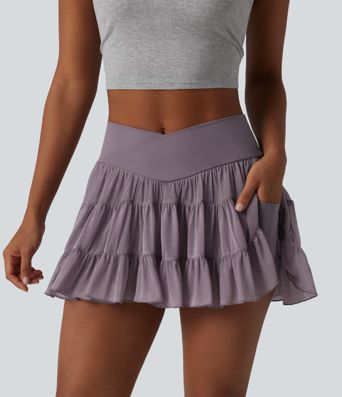 High Waisted Crossover Flowy 2-in-1 Mini Tennis Skirt with Pockets-Shorter Length