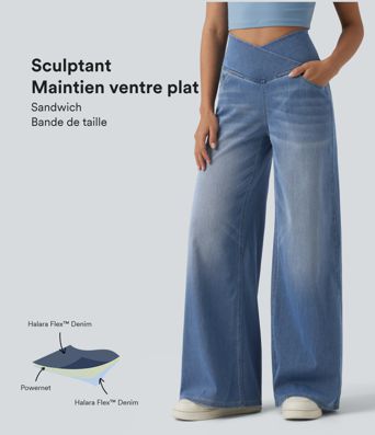 Halara Flex™ Jean large casual taille haute croisée ventre plat, avec poches