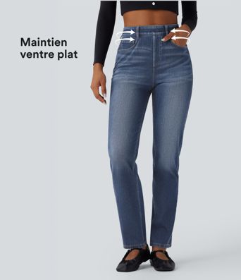 Jean ajusté décontracté Halara Flex™ taille haute gainant effet délavé avec poches