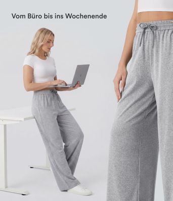 Freizeithose mit hohem Bund, Kordelzug, Seitentaschen und weitem Bein