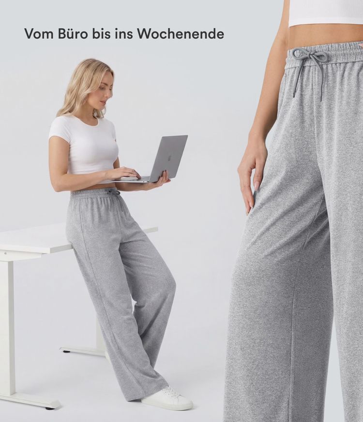 Freizeithose mit hohem Bund, Kordelzug, Seitentaschen und weitem Bein