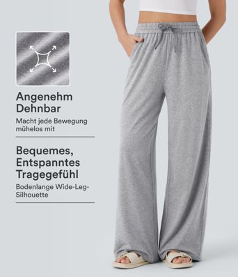Freizeithose mit hohem Bund, Kordelzug, Seitentaschen und weitem Bein