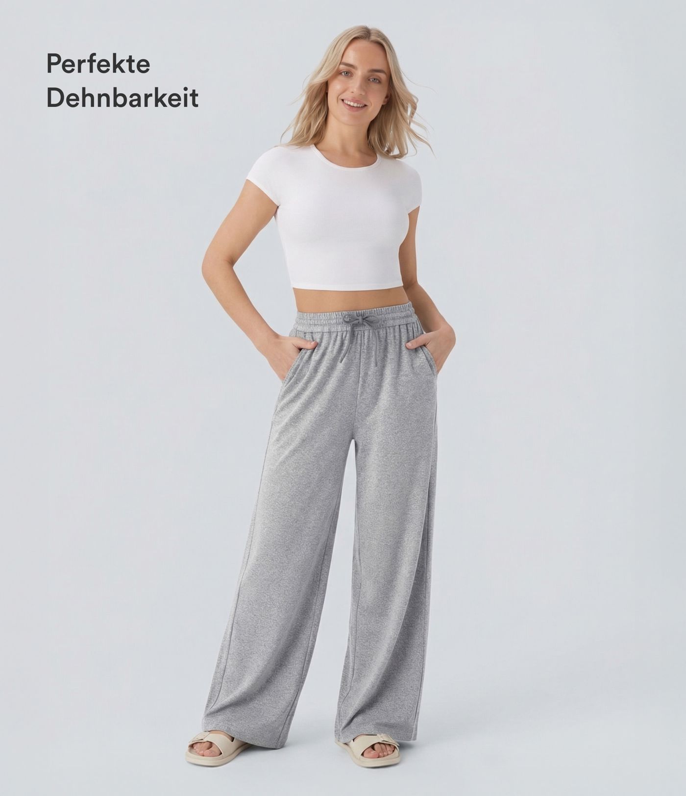 Freizeithose mit hohem Bund, Kordelzug, Seitentaschen und weitem Bein