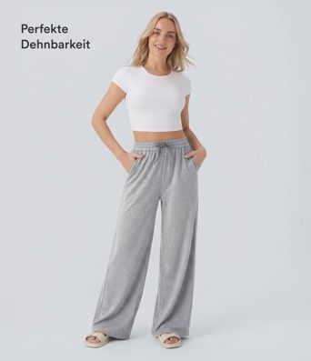 Freizeithose mit hohem Bund, Kordelzug, Seitentaschen und weitem Bein