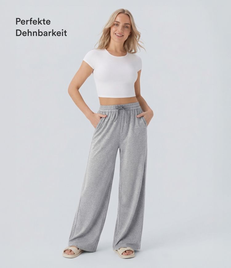 Freizeithose mit hohem Bund, Kordelzug, Seitentaschen und weitem Bein