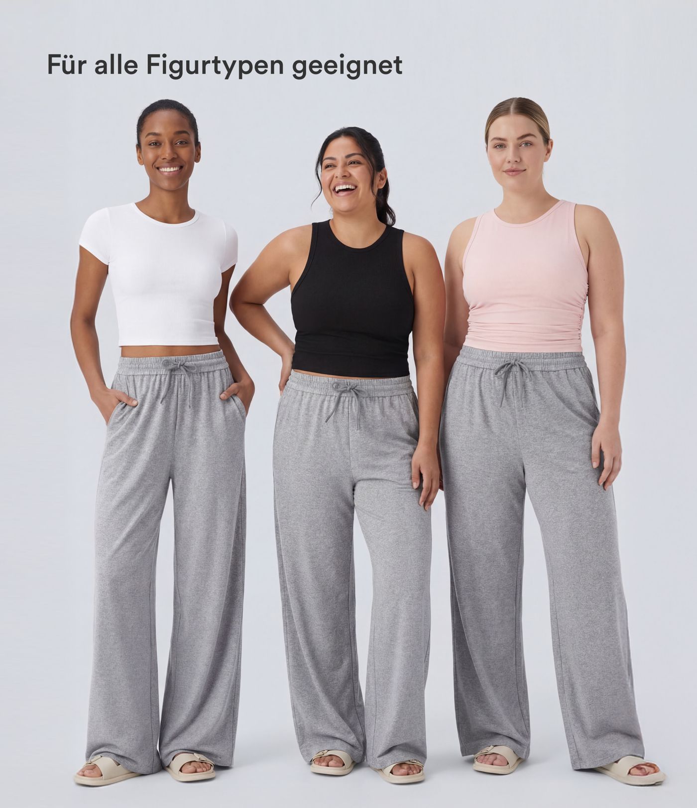 Freizeithose mit hohem Bund, Kordelzug, Seitentaschen und weitem Bein