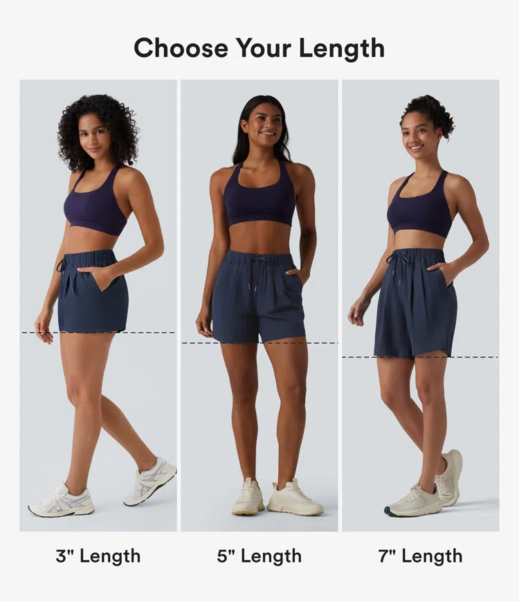 Night Blue High Waisted Elastic Waistband Drawstring Pleated Running Yoga Shorts 3" with Pockets / 2