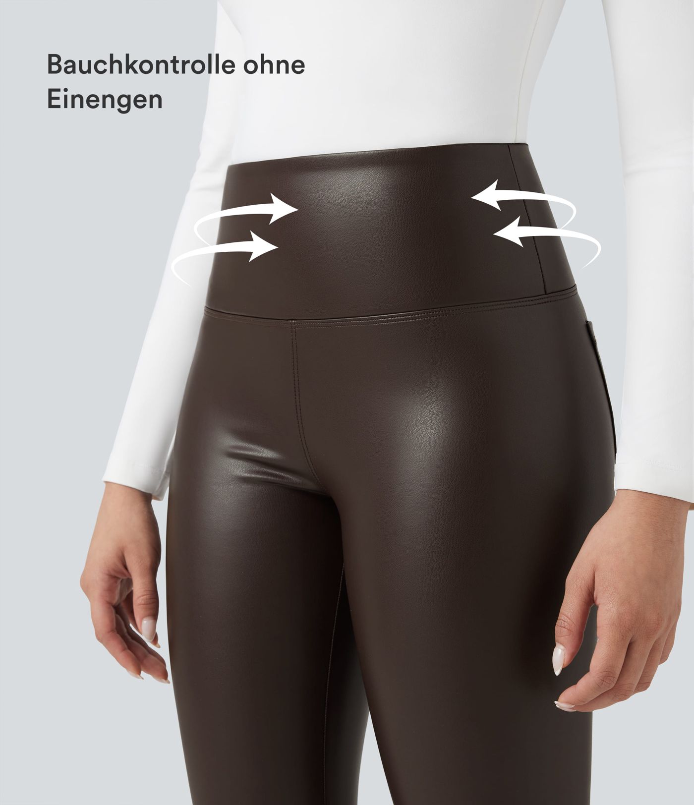 Lässige 2-in-1 Skinny-Leggings aus elastischem Kunstleder mit hohem Bund, Seitentaschen und Bauchkontrolle