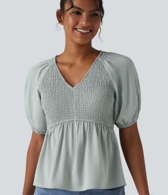 Blouse décontractée col V manches courtes bouffantes avec fronces