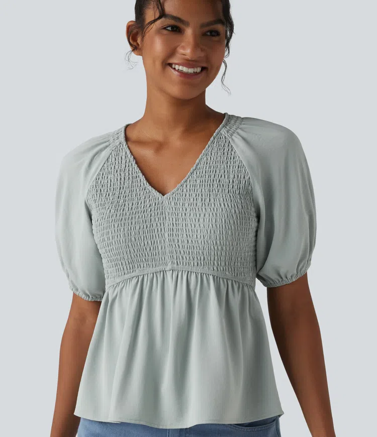 Sky Gray V Neck Puff Short Sleeve Shirred Casual Blouse / 1