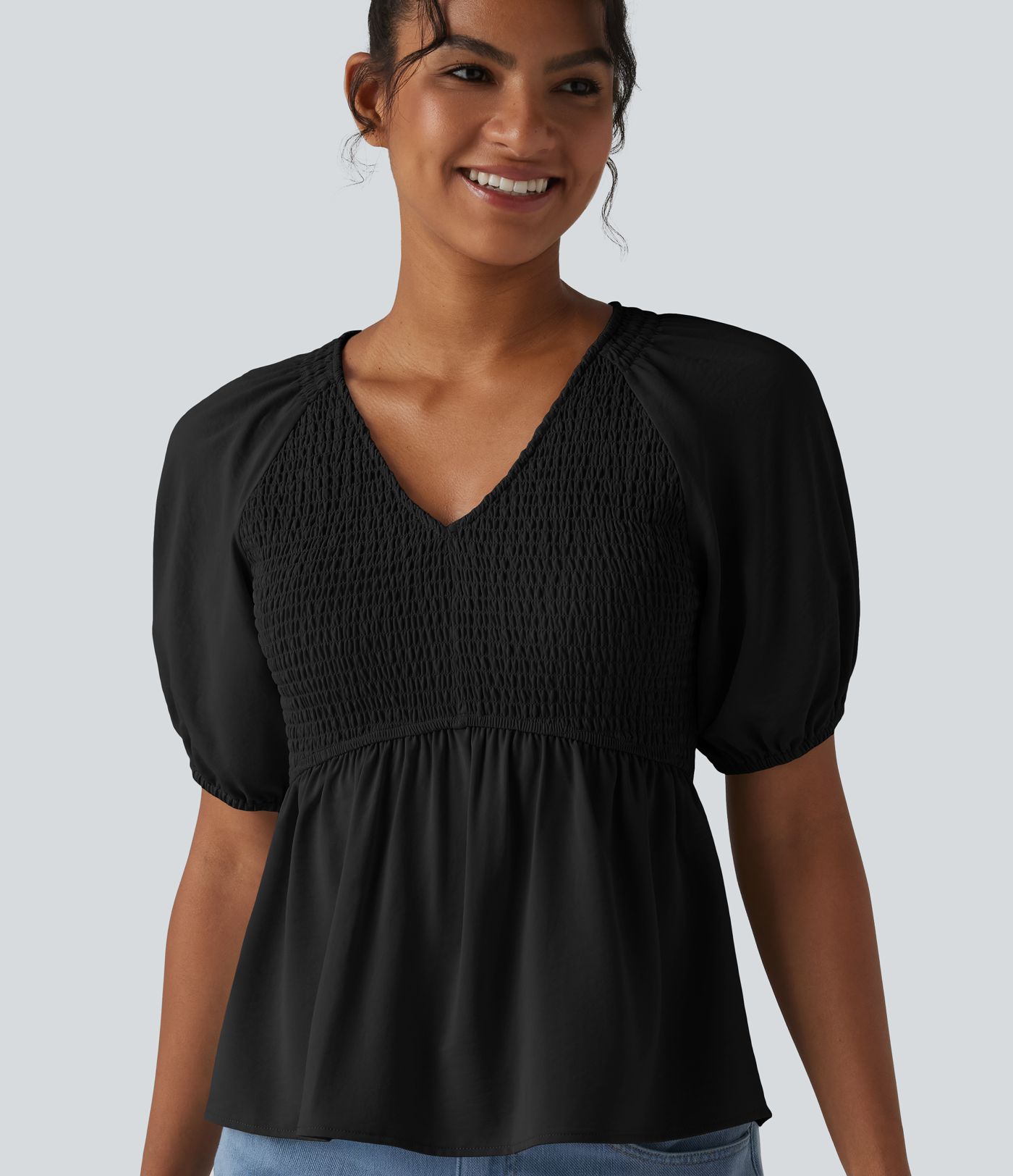 V Neck Puff Short Sleeve Shirred Casual Blouse V Neck Puff Short Sleeve Shirred Casual Blouse