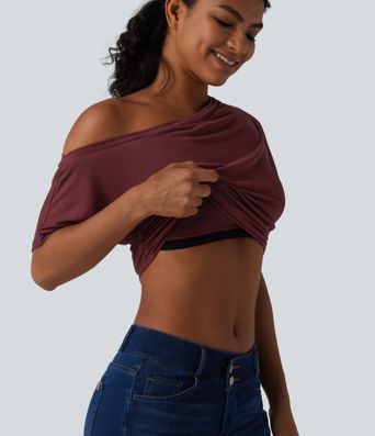 One-shoulder Short Sleeve Ruched Built-in Bra Casual T-Shirt