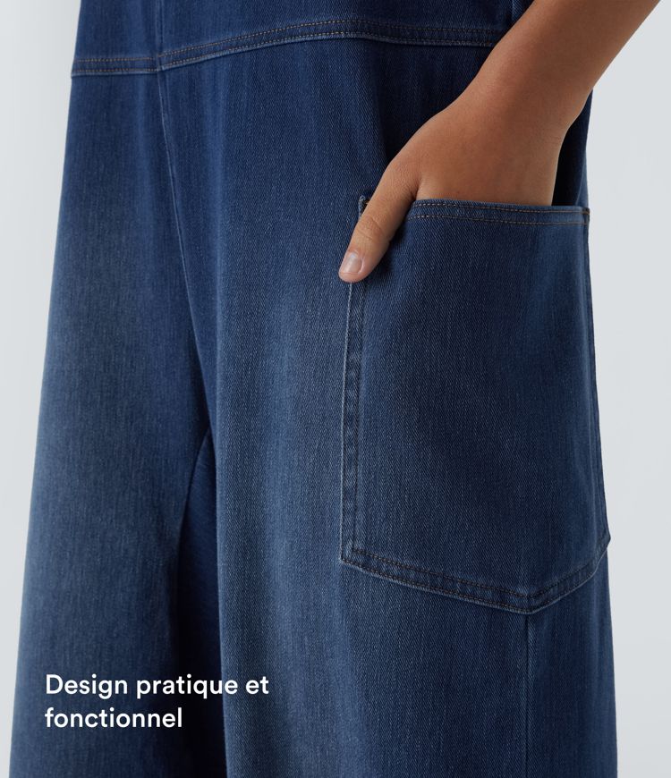 Salopette décontractée Halara Flex™ en denim extensible délavé, col V et poches latérales