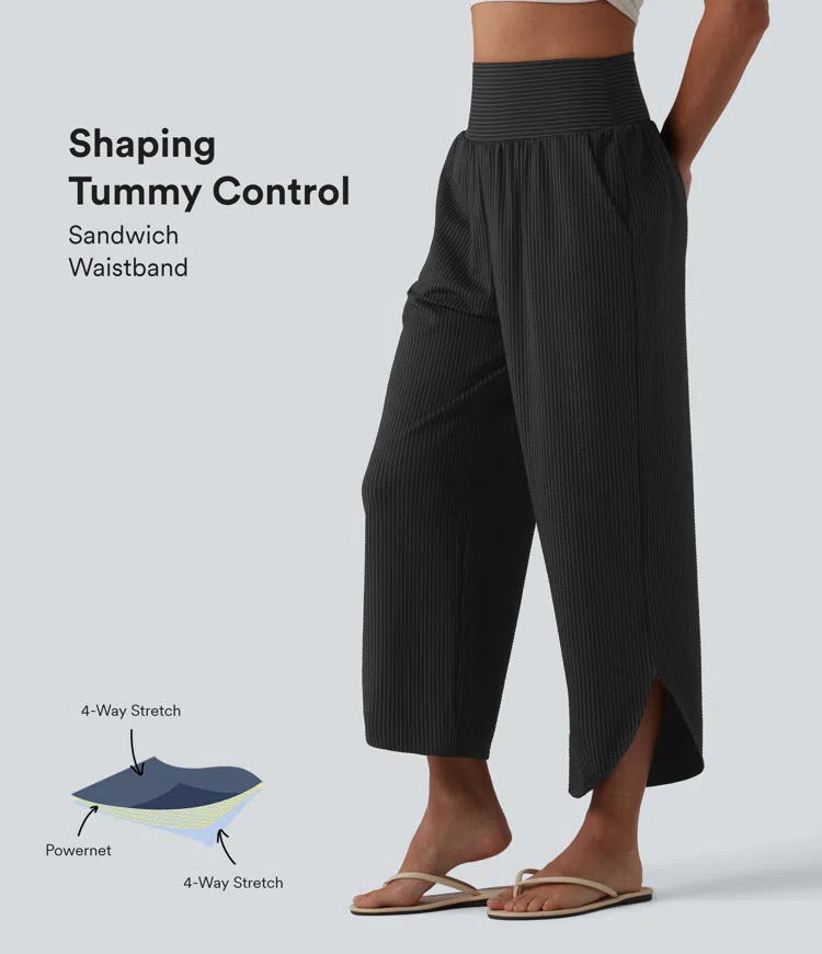 Ink Stripe Ribbed Lässige Hose mit hohem Bund, Seitentaschen, Bauchkontrolle und Streifen - schnelltrocknend, UPF40+ / 1