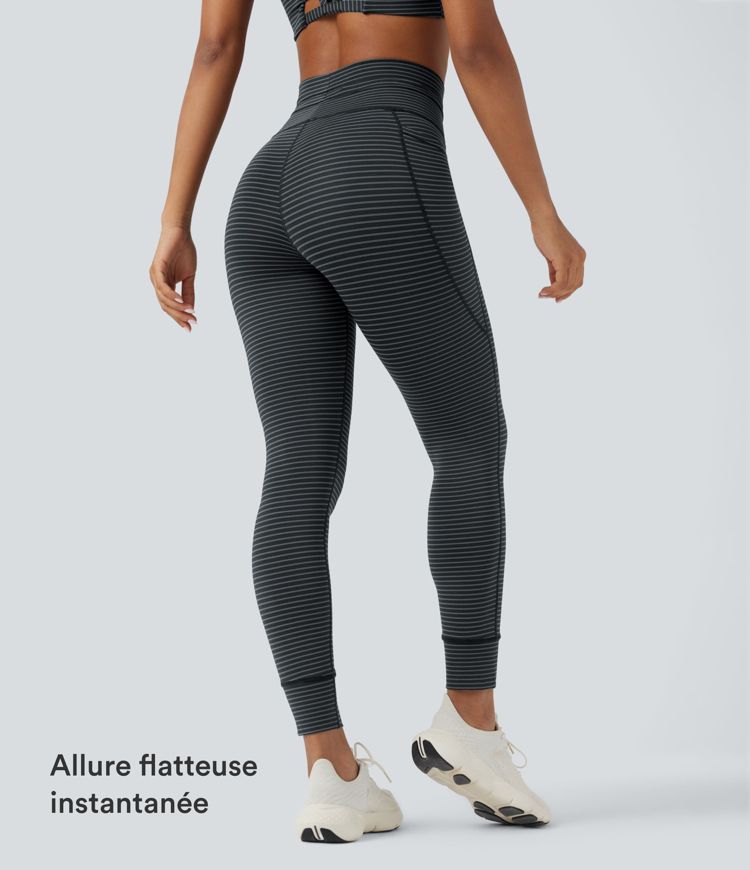 Legging de yoga rayé taille haute avec cordon de serrage et poches