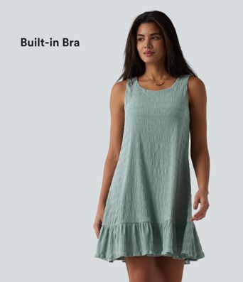 Round Neck Built-in Bra Sleeveless Ruffle Hem Mini Casual Dress