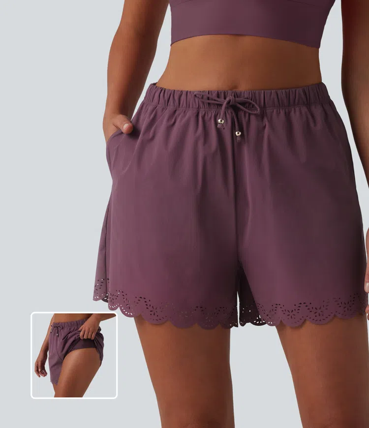 High Waisted Drawstring 2-in-1 Bikini Bottom Swimsuit 3'' with Pockets