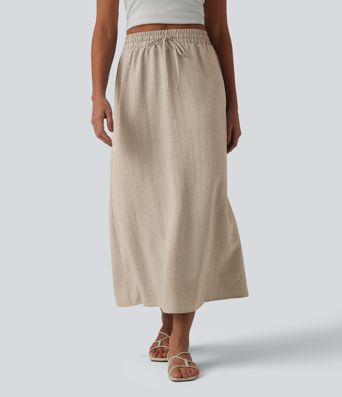 High Waisted Drawstring Maxi Linen-Feel Casual Skirt