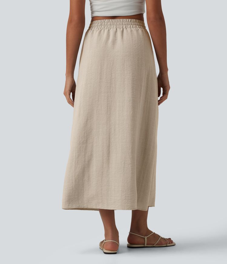High Waisted Drawstring Maxi Linen-Feel Casual Skirt