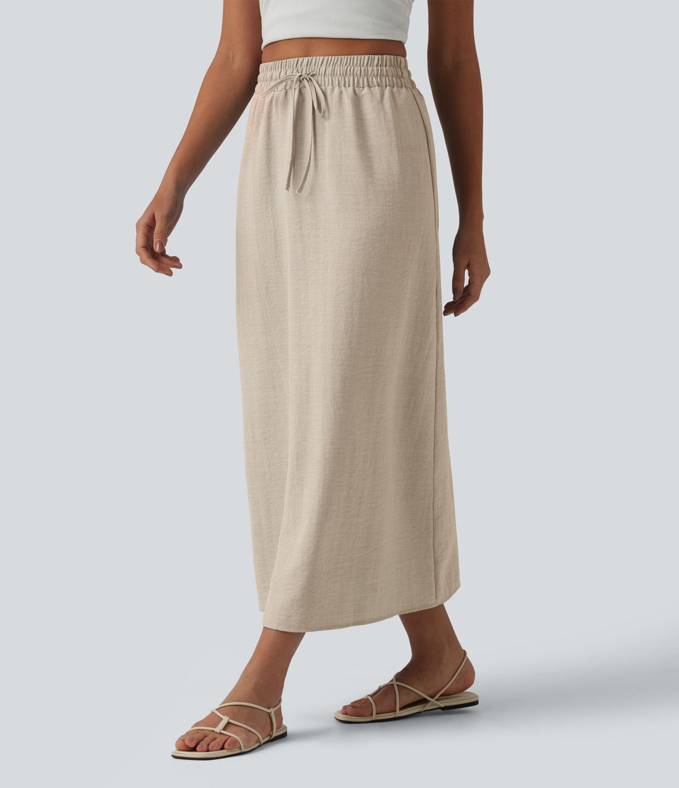 High Waisted Drawstring Maxi Linen-Feel Casual Skirt