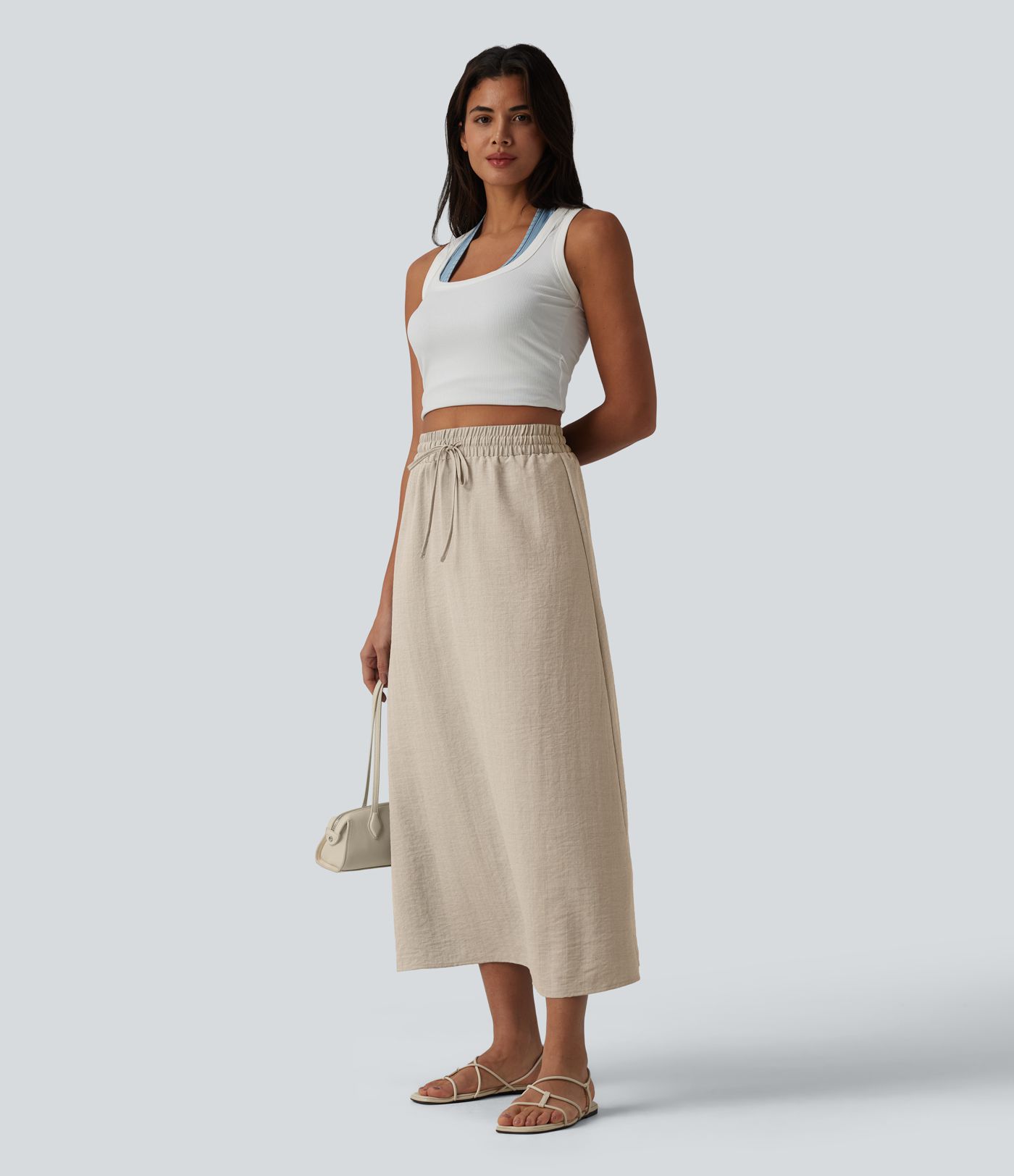 High Waisted Drawstring Maxi Linen-Feel Casual Skirt